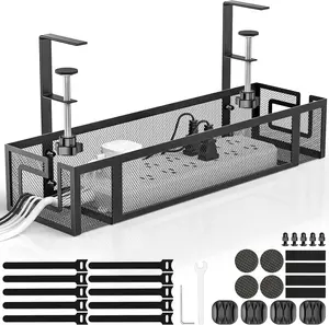 Under Desk Cable Management Tray, 15.75" No Drill Cable Management under Desk, Heavy Duty Metal Cord Organizer, Home Office Wire Management for Standing/Gaming Desk, 1 Pack Black