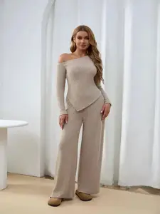 Women Asymmetric Shoulder Top & High Waist Wide Leg Pants Soft Winter Outfit Beige Color Womenswear Clothes Suits Trouser
