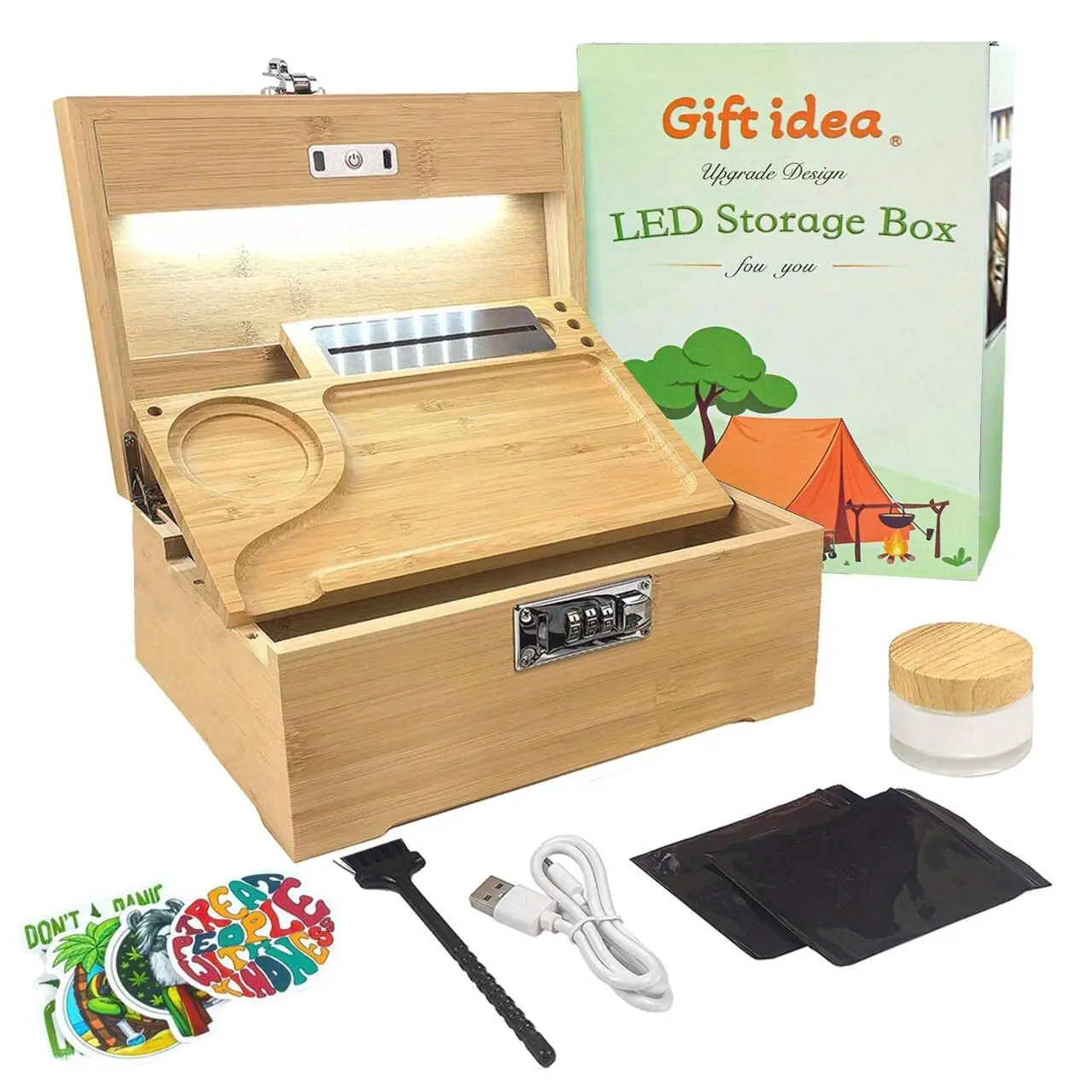 Shomory Bamboo LED Storage Box with Locking Rolling Tray & Combination Lock - Smell-Proof Multi-Functional Furniture Cabinet, - with Removable Dividers, Lithium - System for /Office/Gift, Storage Boxes for Organizing