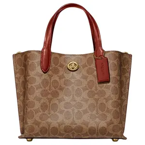 COACH Willow 24 Classic Monogram Turn-Lock Leather Tote Bag for Women, Medium Size, Brown-Red