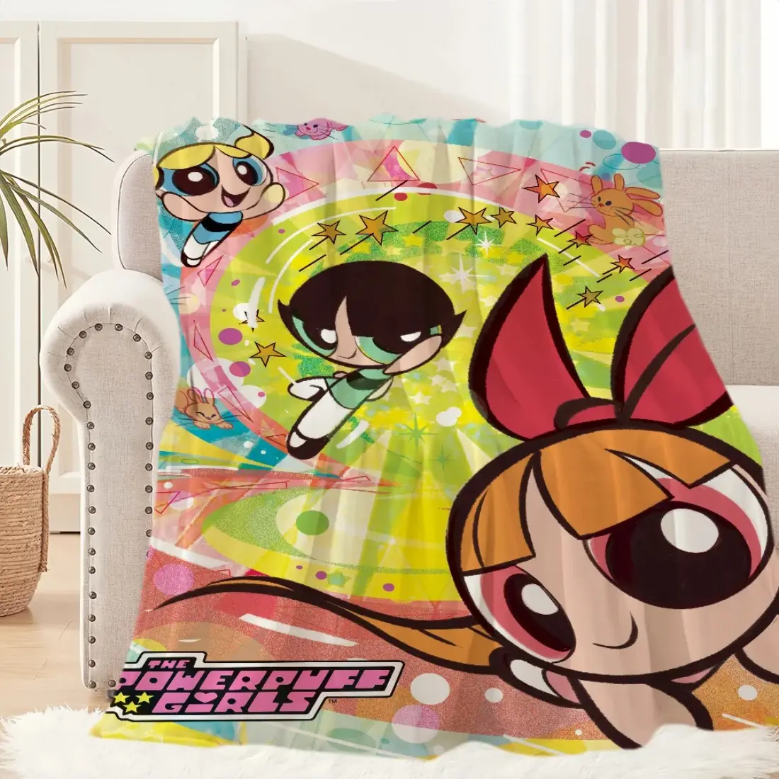 Cartoon Powerpuff Girls Cute Flannel Blanket - Premium Flannel Material Plush Nap Throw for Living Room Sofa Rug Office Bedroom Home Travel Kids Mother's Day Valentine's Day Birthday Christmas Gift