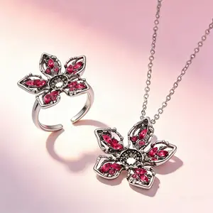 Fashion Stranger Things Piranha Inlaid Diamond Adjustable Ring Pendant Necklace Set Personality Alloy Jewelry Ring