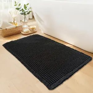 Black Bathroom Rug - Waffle Bath Mat Non Slip Washable, Super Absorbent & Quick Dry, Small Boho Bath Mat Farmhouse Bathroom Decor, 18'' x 30'', Black