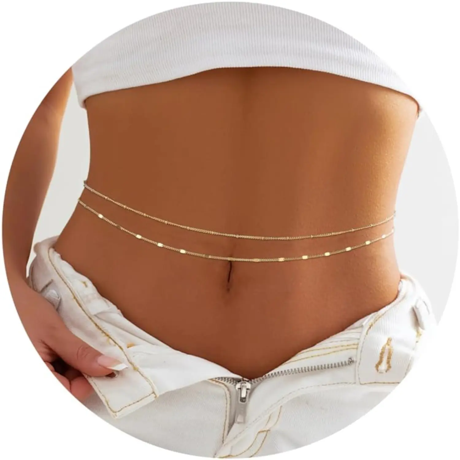 Women's ZELORES 2-Piece Gold Waterproof Stainless Steel Waistbeads - Adjustable Movable Dangle Chain Body Chains, Belly Waist Beads with Pearl Shell & Starfish Details (26"-43") for Streetwear, Beach Wear