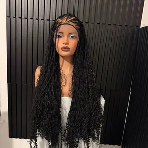 360 26” Hand-Braided Micro Braid Wig with Center Part Design Natural Black Tone-Long Synthetic Fiber Lace Front Adjustable Straps Wig Cap 22-24 One Size Fit