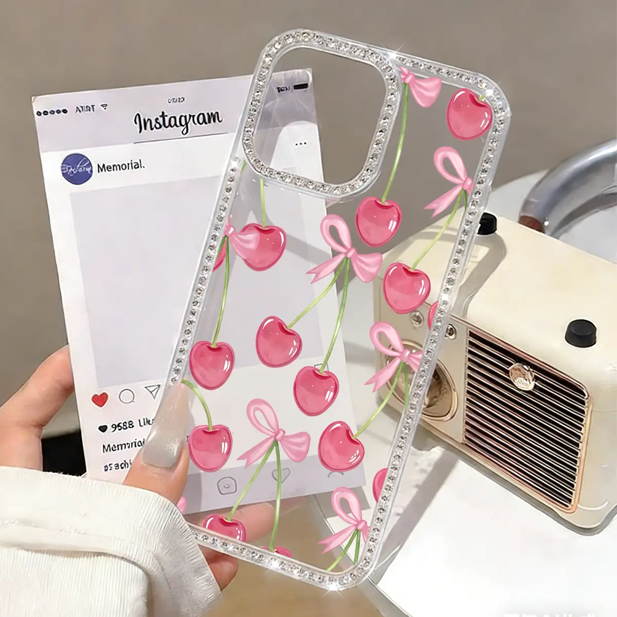 Shiny Cherry Bow Pattern Glitter Diamond Casing for iPhone 17/16/15/14/13/12 Pro Max Plus - Luxury Rhinestone Soft Silicone Shockproof Protective Bumper Phone Accessory for Women, Protection, Accessories