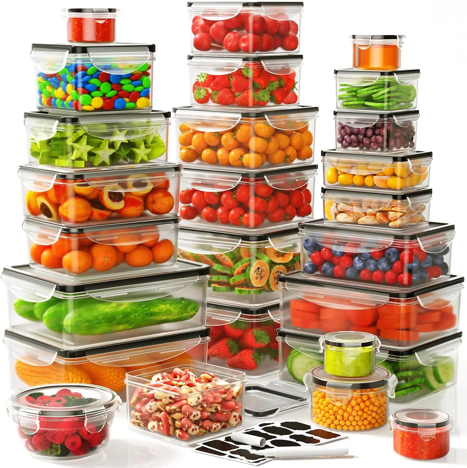 AISOON 40PCS Silicone Airtight Food Storage Containers Set (20 Containers + 20 Lids) - 85oz Extra Large, Transparent, Stackable, Nestable, Washable, Dustproof, Leakproof, Reusable, Microwave & Dishwasher Safe, Labels & Pen for Fridge Organization