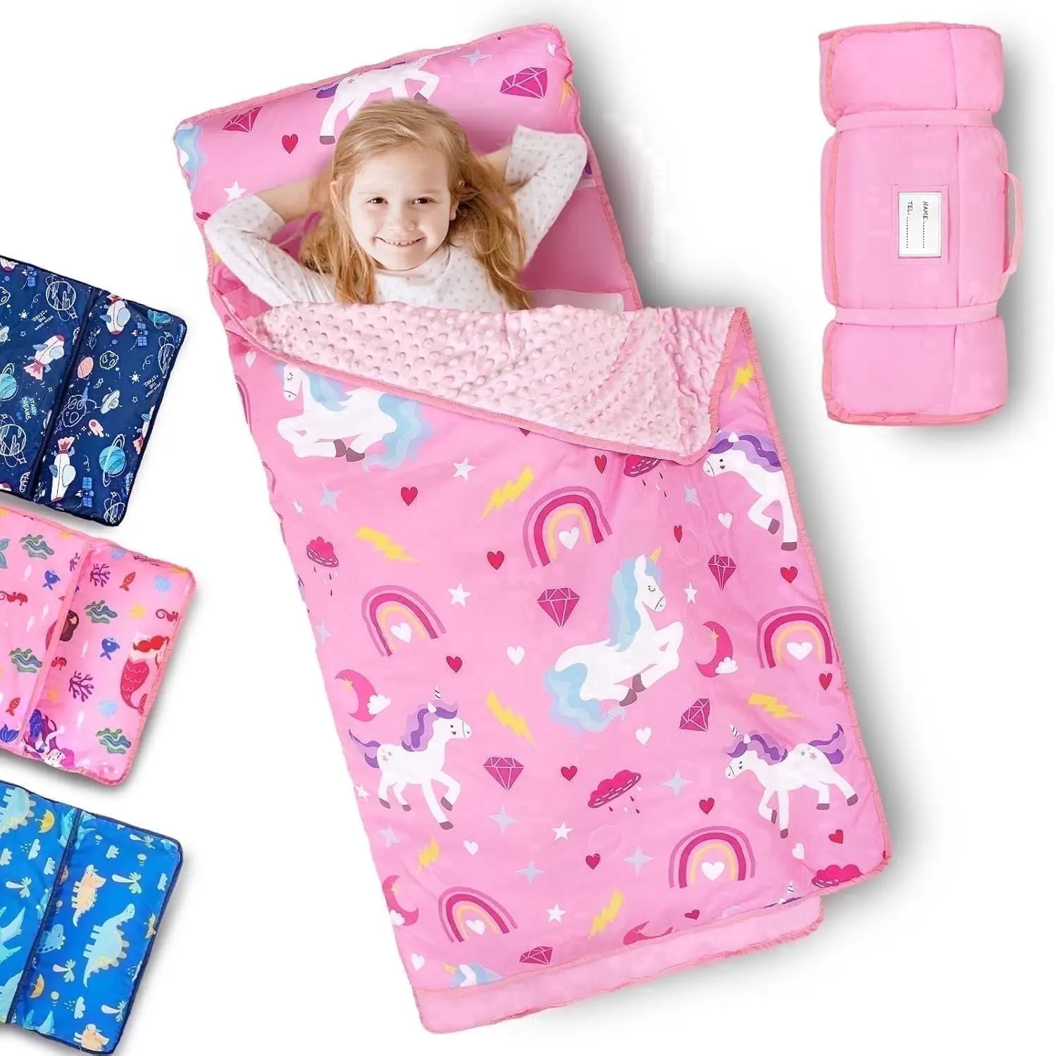 Nap Mat, 55" x 22", Portable Sleeping Bag with Removable Pillow, Easy to Roll & Store, Pink