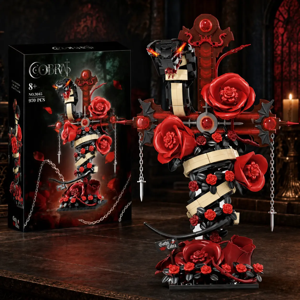 Gothic Cobra Rose Cross Building Block Set, 970PCS Adult Snake Model Building Kit, Dark Romance Room Decor, DIY Puzzle Gift for Snake Enthusiasts