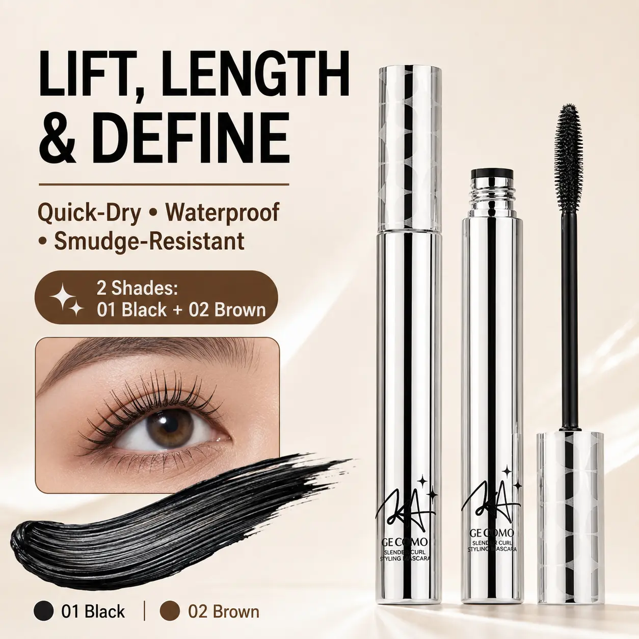 Slim Brush Mascara for Short Lashes, Waterproof Lengthening Volumizing Mascara, Quick-Dry Natural Curl Lash Makeup, Black & Brown