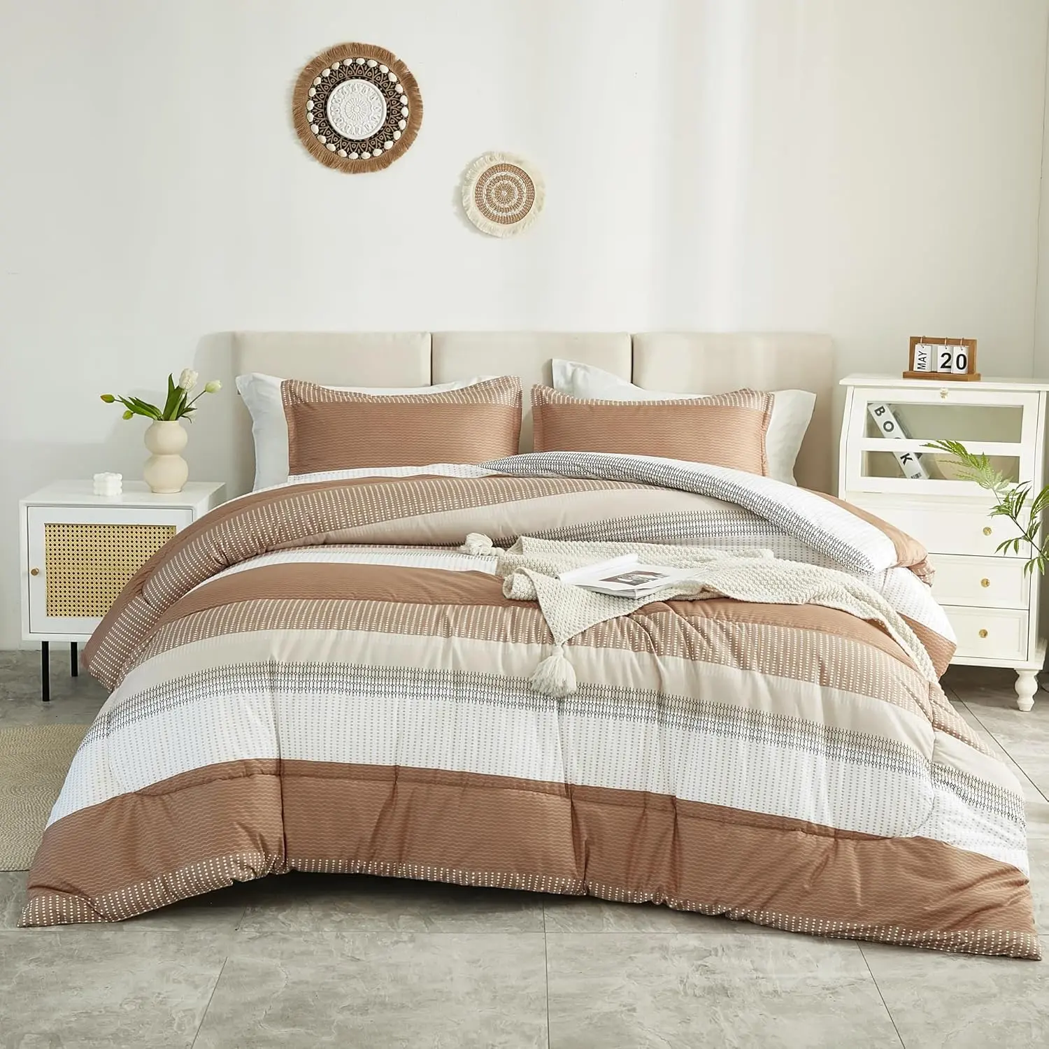 Twin/Twin XL Comforter Dorm Beige, 2 Twin Extra Long Comforter  Sets Taupe Khaki White Colorblock Stripe,