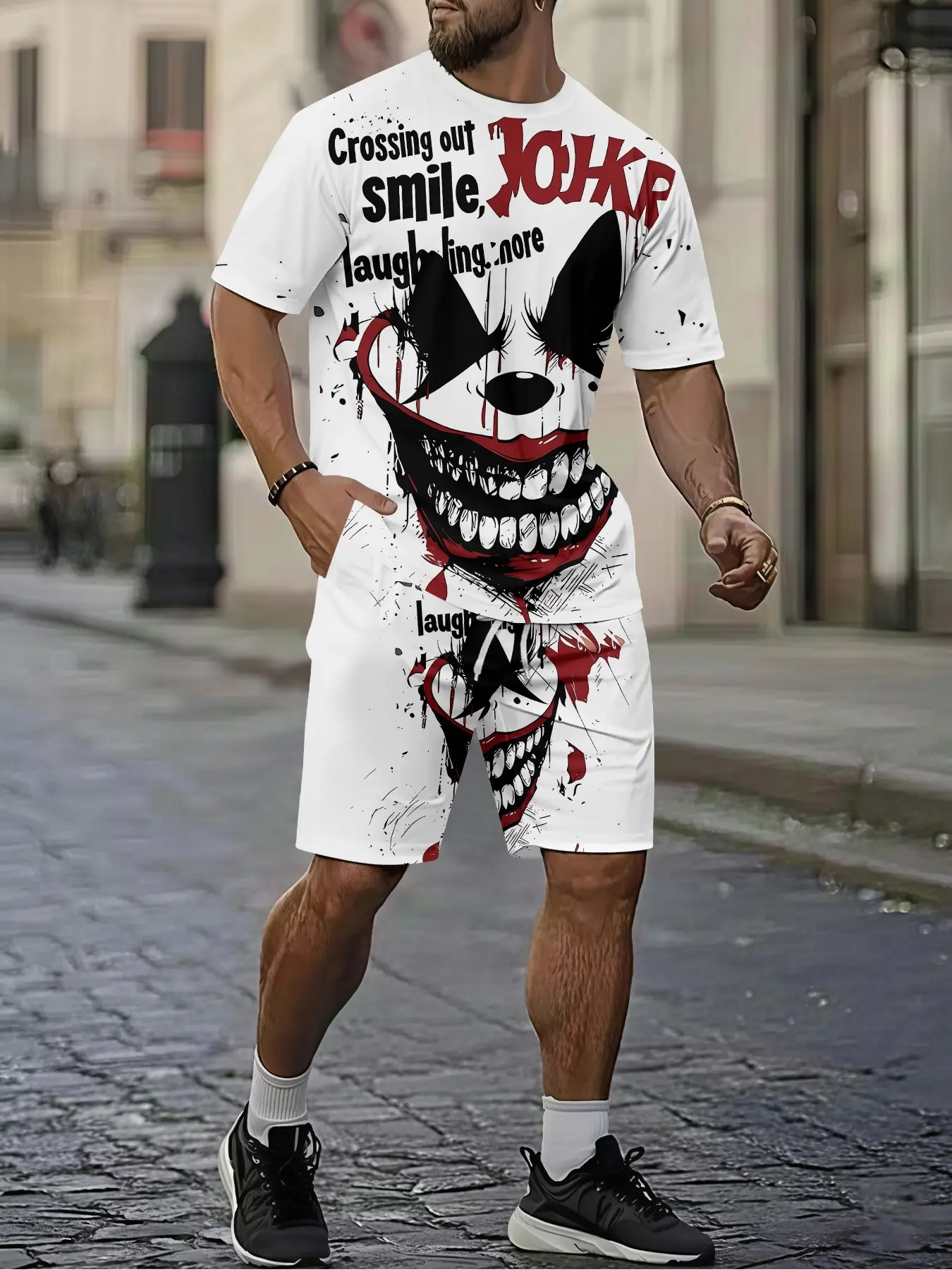 Dark, Cool, Stylish style clown Joker splatter men's 3D digital printed two-piece set, Shorts Sets Outfits, 2Pcs, trendy set, vacation-style trendy outfit, breathable sports, Casual and leisure style, a gift for men, Go out sets, Clothes, Top