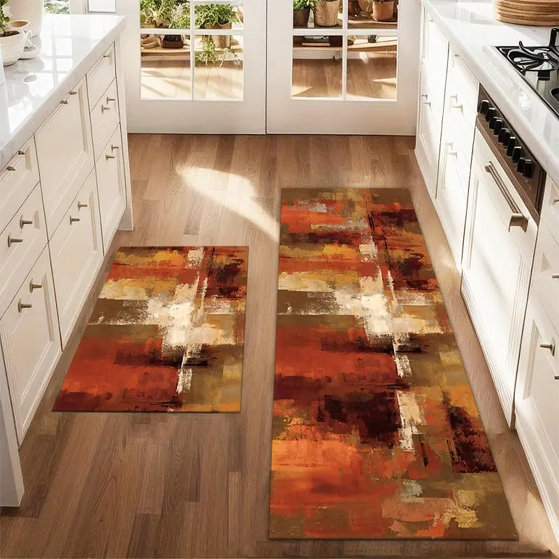 2Pcs Abstract Floor Mat Set Retro Orange Black Abstract Art Printed Carpet Farmhouse Anti Fatigue Kitchen Carpet Non Slip Washable Kitchen Rugs Winter Kitchen Dining Floor Laundry Room Decoration Home Decor Rug Carpet Mat Kitchen Area Rug