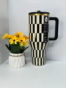 HydroJug 40oz Ounce Vacuum Insulated On-The-Go Water Tumbler Retro Black & White Checkerboard Design Portable Handle Non-Slip Rubber Base All Day Cold Retention Reusable Drink Cup Thermos Stainless Steel Pure Copper Bottle with Bag Classic Drinkware Plaid