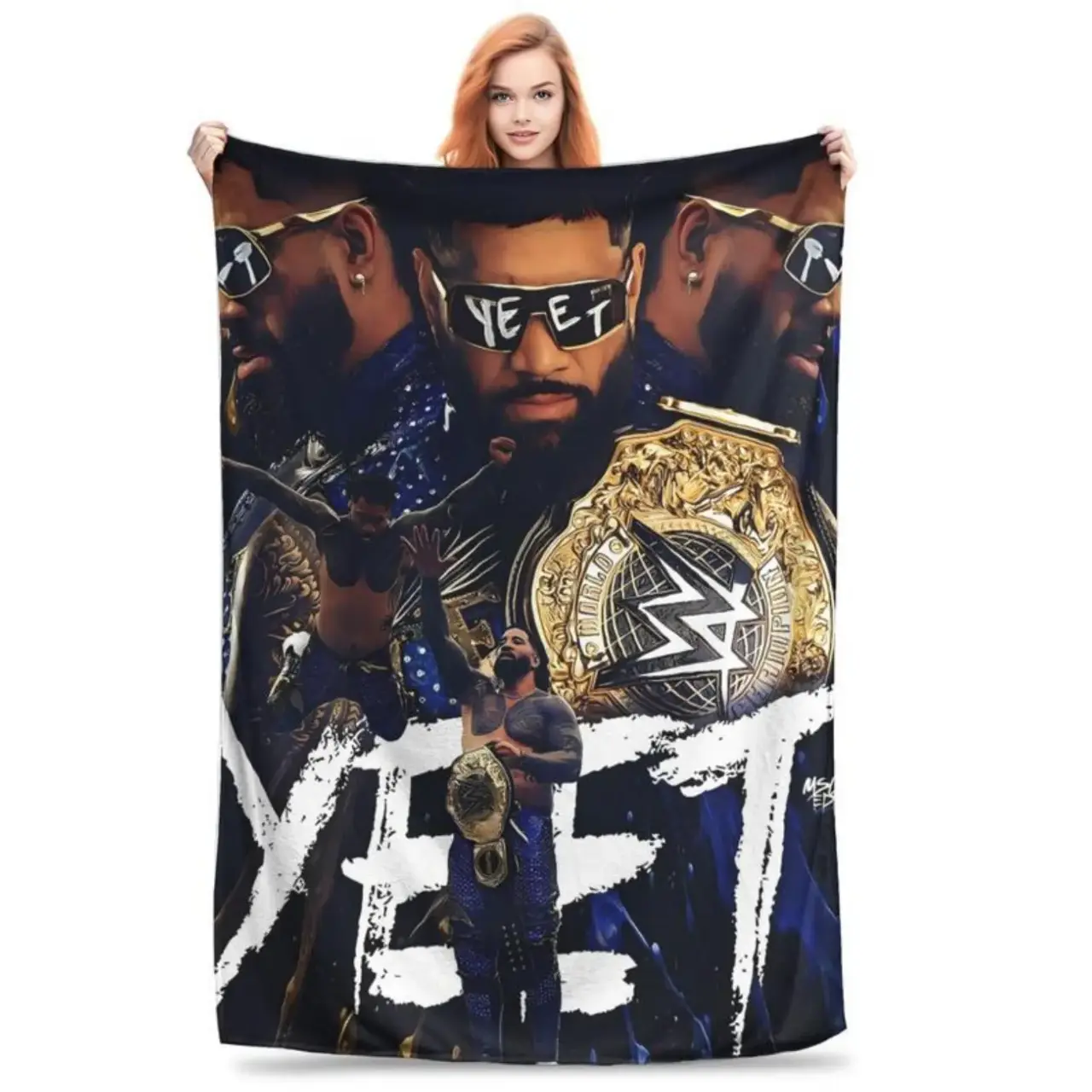 WWE Jey Uso YEET Wrestling Champion Throw Blanket Soft Cozy Plush Flannel Fleece Bed Blanket WWE Fan Blanket for Couch Sofa Bedroom Decor, Lightweight Warm Blanket for Wrestling Fans, Collectors, Birthday Gifts, Holiday Gifts