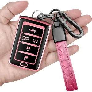 for Jeep Key Fob Cover with Keychain Soft Full Protection Key Shell Compatible with Grand Cherokee L Grand Wagoneer 2021-2024 Smart key (Pink, 5 Buttons)