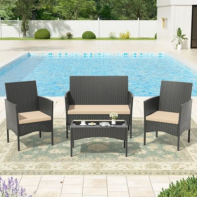 Kullavik Outdoor Rattan Sofa Set – PE Wicker Outdoor Furniture Set with Tempered Glass Table, Soft Cushions for Lawn, Backyard Decor,summerwins