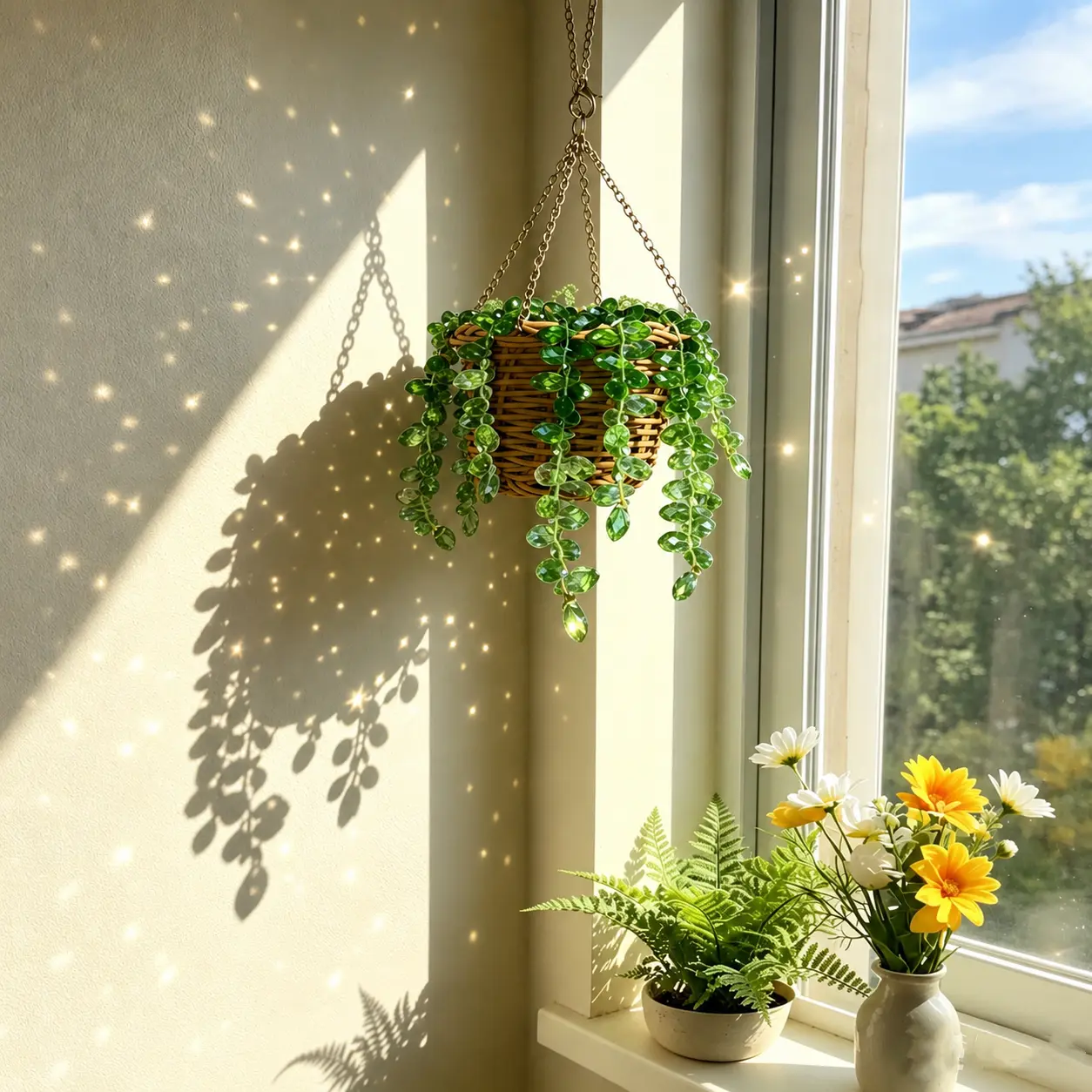 Handmade Nature Versatile Hanging Pothos Accessory - Car Interior Decor, Home Shelf Ornament, Adjustable Chain, Coquette Suncatcher, Crystal Glass Beads, Perfect Gift for Plant Lovers, Artificial Plants Complement, Charming Car Accessory