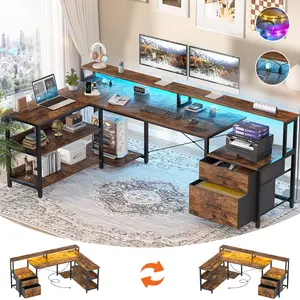 Aheaplus L Shaped Desk with Power Outlet, 73" Reversible L Shaped Computer Desk with File Drawer & Long Monitor Stand, Home Office Desk with Storage Shelf, Gaming Desk with LED Strip, Corner Desk, Rustic Brown