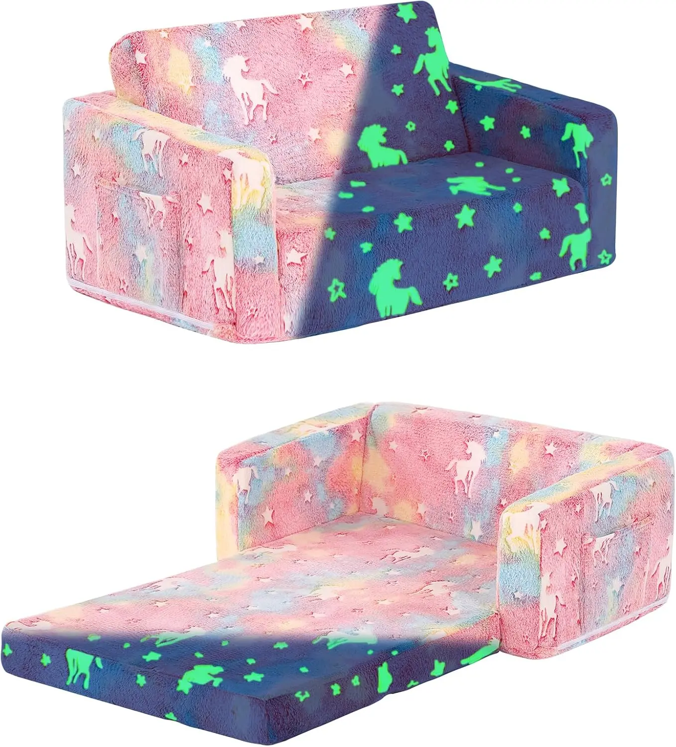 Kids Sofa Chair 2 in 1 Toddler Fold Out Couch Comfy Kids Sofa for Playroom Extra Soft 2 Seats Glow in The Dark Children Couch to Lounger for Girls Boys Furniture Folding Portable and Supportive Design