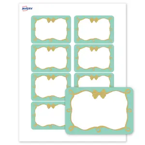 Avery® Printable Adhesive Name Tags Name Badges, 2-1/3" x 3-3/8", Matte White, Pre-printed Mint Border, Gold Bow Design Great for Weddings, Laser & Inkjet Compatible, 80 Total