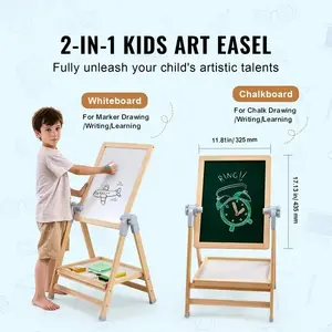 Art Easel for Kids, 2-in-1 Wooden Double-Sided Kid's Art Easel with Magnetic Whiteboard & Chalkboard, Adjustable Standing Rotatable Foldable Drawing Board with Painting Accessories for Boy Girl