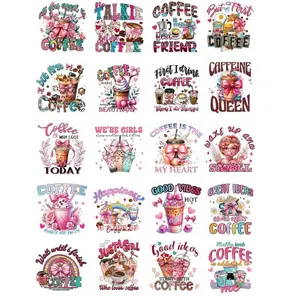 Coffee UV DTF Cup Wrap - 20 Sheets Pink UV DTF Wraps for 16 oz Glass Cups, Cute Drinking Cup Decals for Water Botters, Waterproof Rub on Transfer Stickers, DIY Crafts, Custom Decal, Sticker Packs