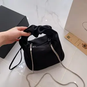 Ruched Handle Nylon Bag, Convertible Crossbody Satchel with Metal Chain, Compact & Lightweight, Perfect Gift for Her