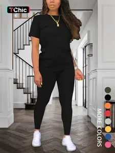 Women's Solid Color Round Neck Fitted Tee & Leggings Set, Summer Clothes, Short Sleeve T-shirt & Skinny Pants, Summer Clothes for Daily Wear