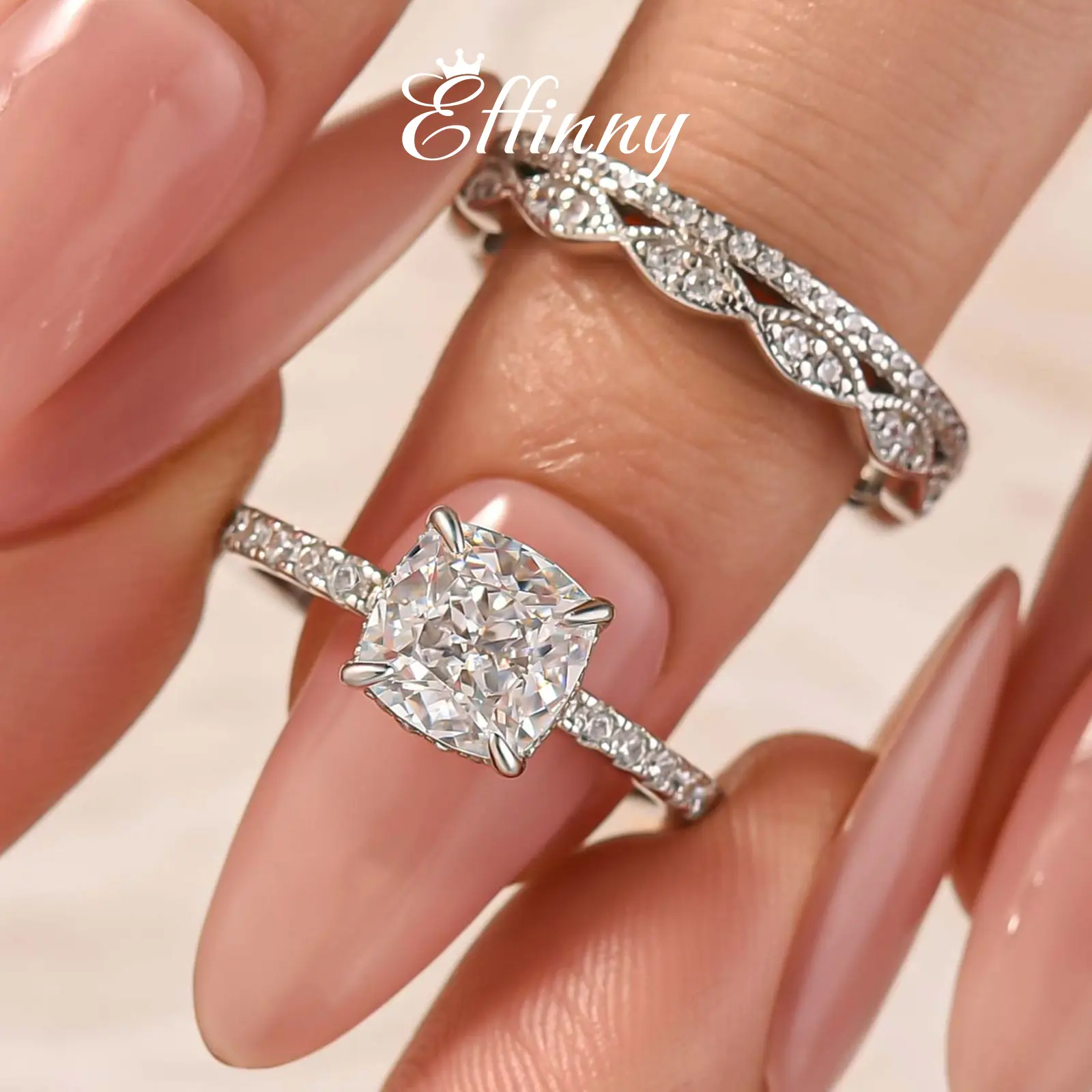 Effinny Jewelry 2.0 Carat Cushion Cut Wedding Ring Set With Eternity Wedding Band, 925 Sterling Silver Promise Ring, 5A Cubic Zirconia Travel Ring, Promise Engagement Rings, Wedding Engagement Ring