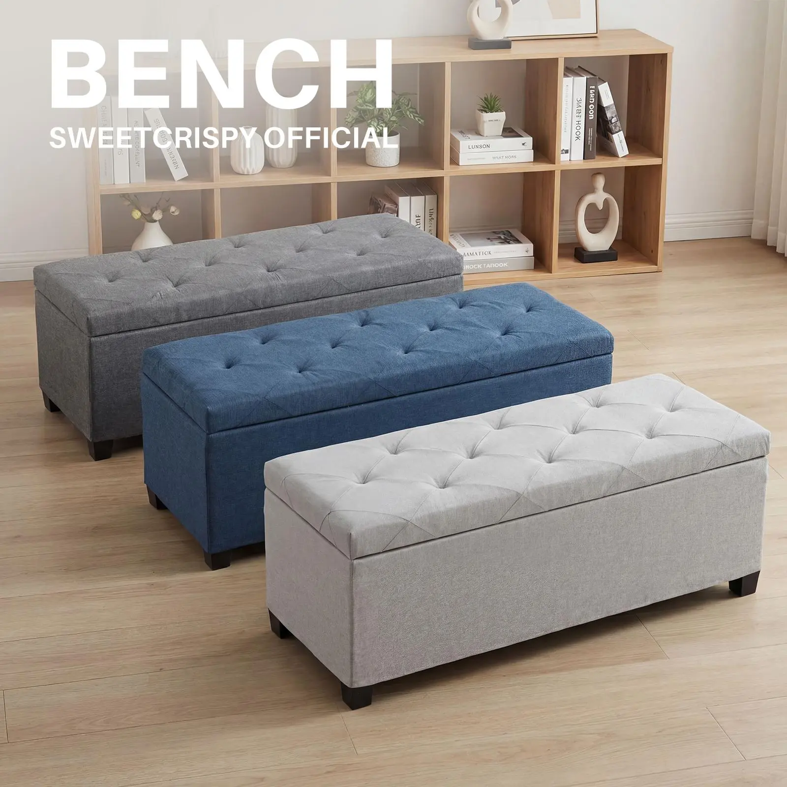 Tufted Rectangle Multipurpose Furniture Storage Ottoman Bench - Upholstered Modern Footstool, MDF Panels, 43.3"w x15.7"d x15.7"h, Sturdy Legs, Footrest + Storage, Dual-Layer Foam, Blanket+Pillow Stash, End-of-Bed & Foyer Use