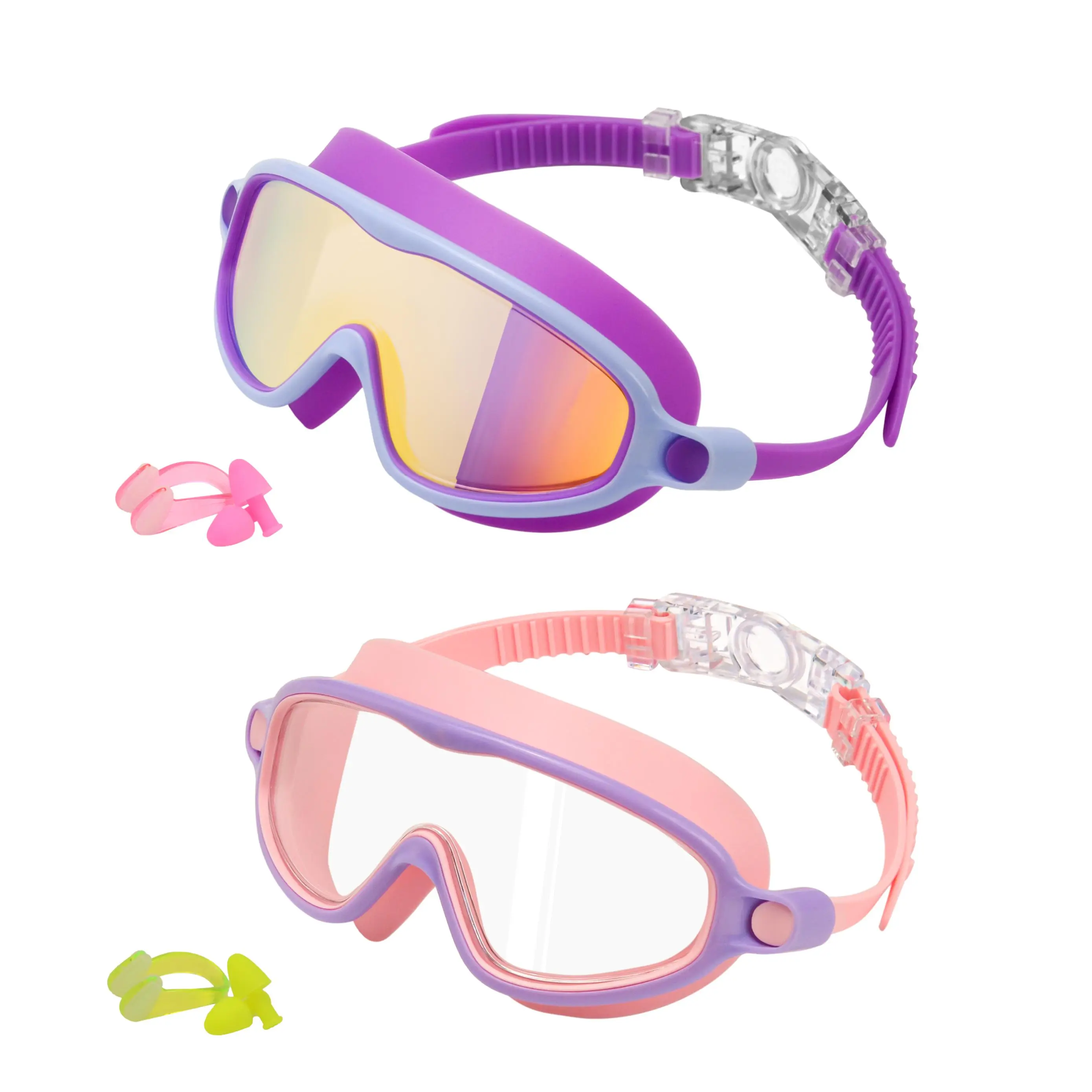 SwimWear 2 Pack Swim Goggles for Kids Ages 3-15 Anti-Fog Anti-UV Wide Vision Waterproof No Leak Swimming Goggles with Nose Clip for Boys and Girls Outdoor Activities