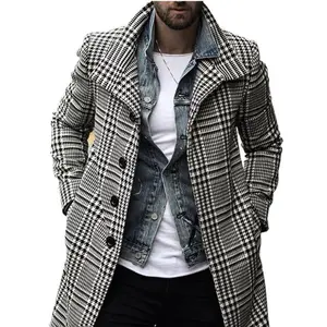 Men’s wool blend coat with detachable plaid scarves, notched collar, single-breasted pea coat trench overcoat