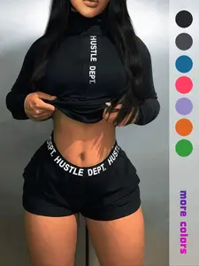 Women's Letter Print Long Sleeve Tee & Zipper Pocket Shorts Set, Casual High Neck T-shirt & Tape Shorts for Spring & Fall, Ladies Clothes for Daily Wear