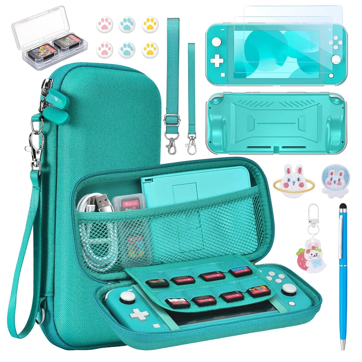 Z-PHP7 Portable Handheld Nintendo Switch Lite Case 18-in-1 Accessories Bundle - Protective Carrying Cover, Game Card Holder, Screen Protector, Cute Thumb Grips (Turquoise)