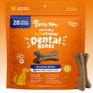 Zesty Paws All-in-One Functional Dental Bone Chews for Small Sized Dogs, Small Easy Chew Dog Treats, Joint & Immune Health Support