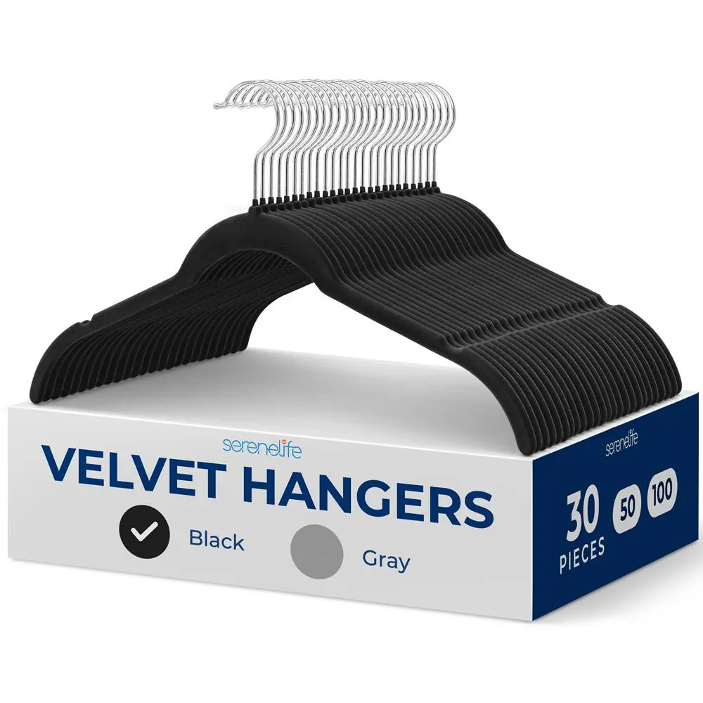30-Piece Velvet Hangers - Black | Minimalist Design Non-Slip Hanger with 360° Swivel Hook - Ultra-Thin Space-Saving Closet Organizer for Hanging Shirts, Coats - Household Essentials, Smooth, Heavy Duty Hangers