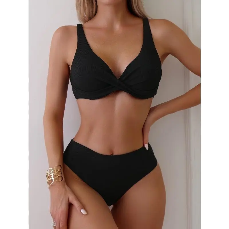 Women's V-Neck Push Up Bikini Set | Ruched Ribbed Fabric with High Waist Tummy Control Bottoms | 2-Piece Swimsuit, Swimsuits Bikinis, Bikini High Waisted, Bathing Suit