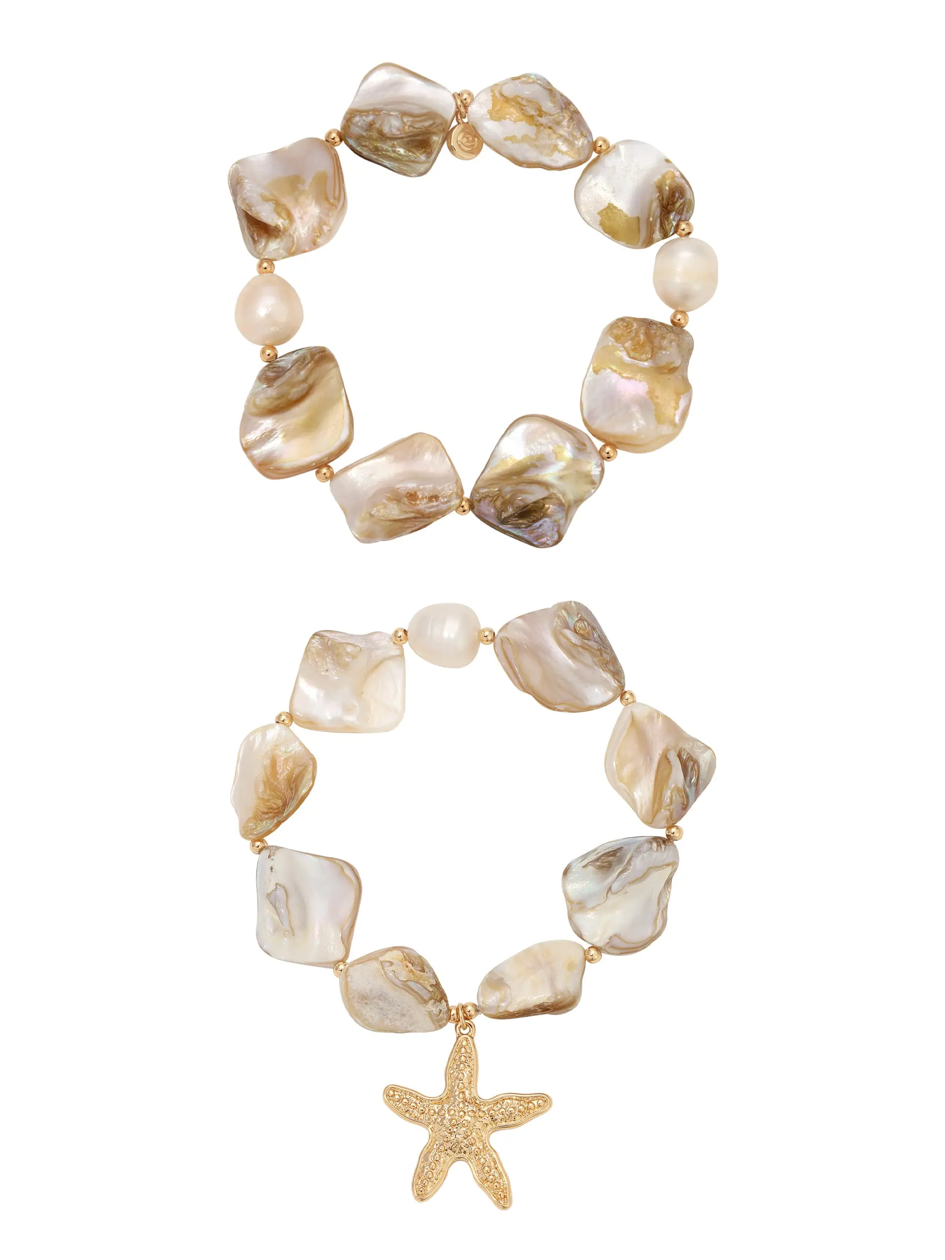 Ettika True Shell Bracelet Set – 18k Gold Plated Stretch Bracelets with Shell and Freshwater Pearl Accents, Set of Elegant Stackable Accessories Fashion Wrist Jewelry