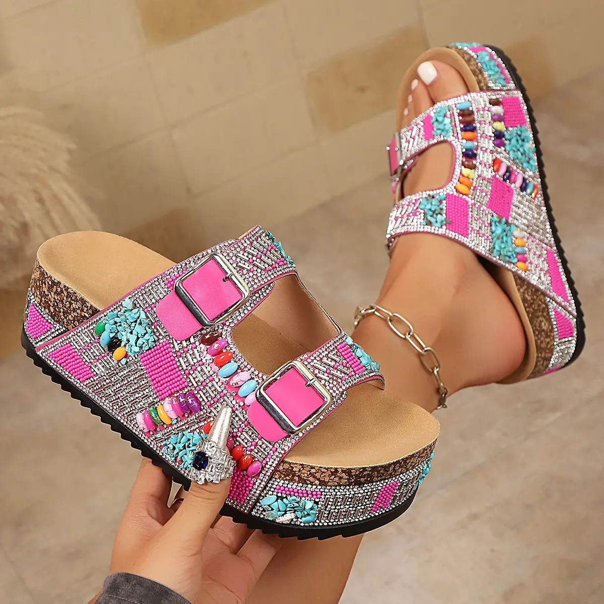 Women's Thick-Soled Wedge Heel Beach Sandals - Double Buckles, Rhinestone Beaded, Bejeweled, Beachwear, Sandals for Women
