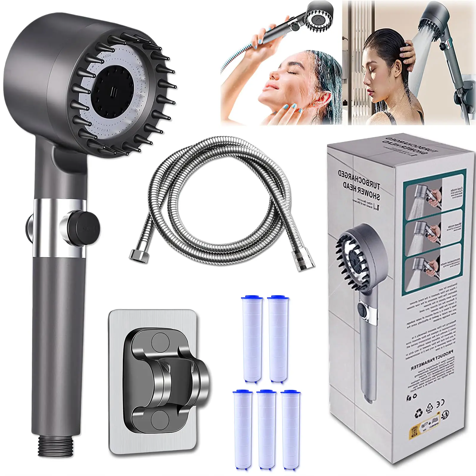 Grey 5-in-1 Ion Drops Filtered Shower Head with Handheld, High Pressure Flow, Hard Water Filter, ON/OFF Switch, 4-Piece Set, Shower Head Replacement, Rain Shower Head