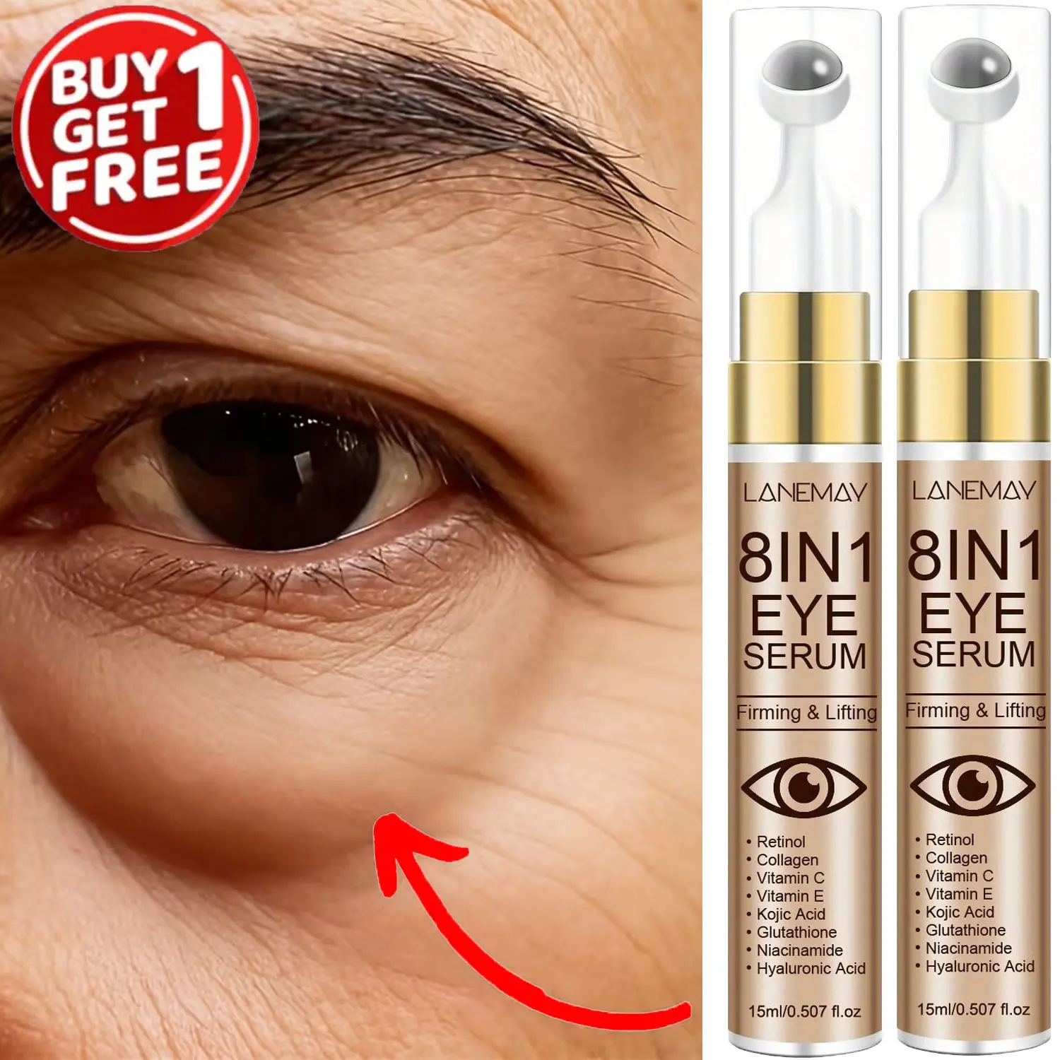8-In-1 Eye Serum Moisturizing Lifting Essence, Reduces Dark Circles, Lightweight Non-Greasy Formula, Contains Hyaluronic Acid, Vitamin E & Moisturizer