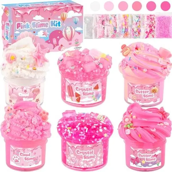 6 Pack Pink Slime Kit, Cloud Butter & Clear Slimes Gift for Kids Girls Boys