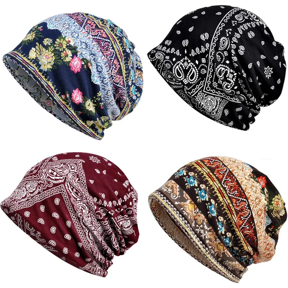 Women's 4-Piece Stretch Adjustable Turban Wraps - Floral Embroidered Boho Floral Scarves, Versatile Headscarf for Cancer Patients, All-Season Sports & Outdoor Headwear