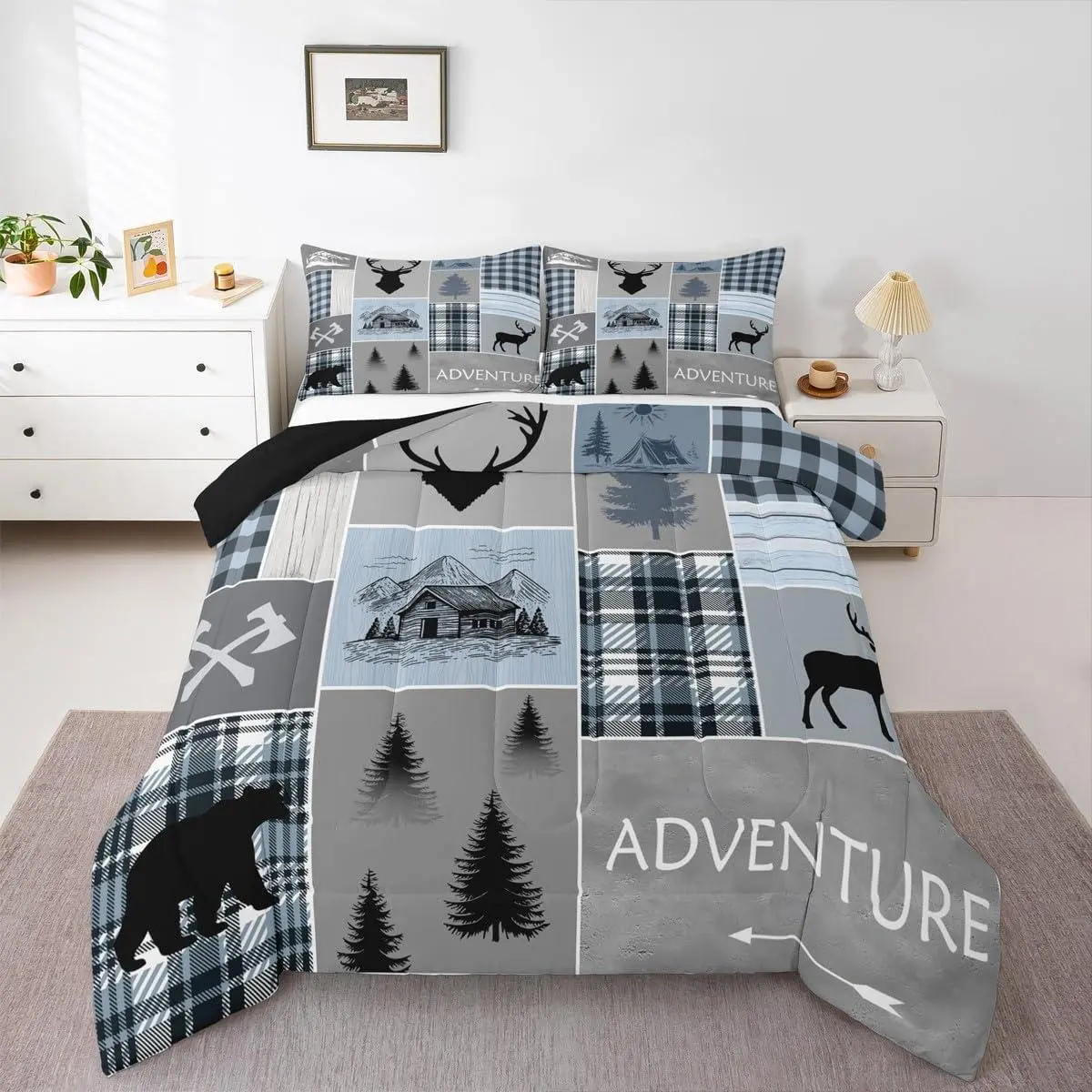 Feelyou King Size Rustic Lodge Microfiber Comforter Set - Bear Deer Wild Animal Plaid Checkered Bedding, Farmhouse Camper Adventure Bedding for Teens, Microfiber Bed Set, Checkered Bedding Set