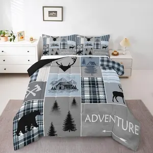 Feelyou King Size Rustic Lodge Microfiber Comforter Set - Bear Deer Wild Animal Plaid Checkered Bedding, Farmhouse Camper Adventure Bedding for Teens, Microfiber Bed Set, Checkered Bedding Set