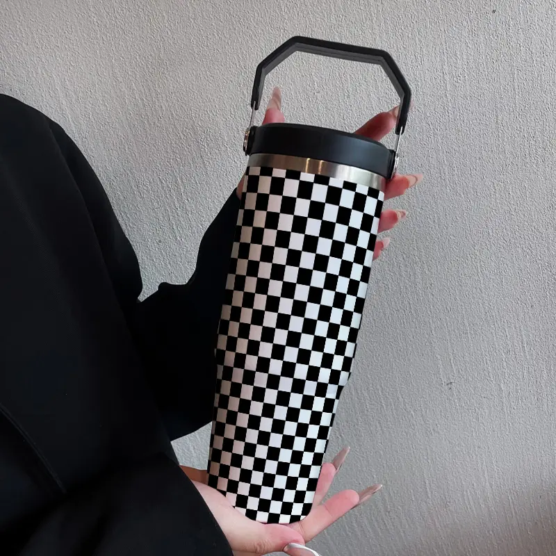 30oz Stainless Steel Insulated Travel Mug with Handle, Cold & Hot Drinks, Checkered Design, Straw Lid, Ideal Gift for Outdoor Sports, Vacuum Insulated Tumbler, Leakproof Insulated Tumbler, Tumbler Drinkware, Insulated Drink Cup, Insulated Water Cup