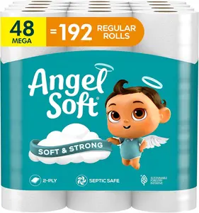 Angel Soft 48 Mega Rolls Toilet Paper 2-Ply Ultra Soft Strong Bath Tissue Bulk Family Pack Septic Safe Embossed Unscented Long Lasting Value Home Essentials Bathroom Tissue