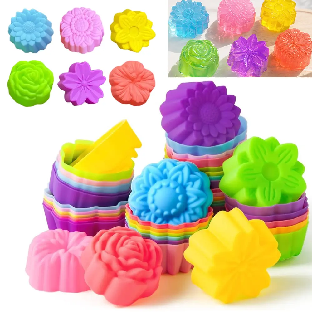 36 Pack Reusable Silicone Baking Cups, 1.96 Inch Mini Size Silicone Cupcake Liners for Baking, Multi Flower Shapes Muffin Liners