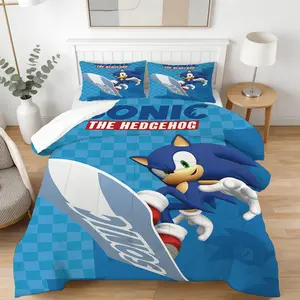2/3 Piece Sonic The Hedgehog Comforter Set, 1 Comforter + 1/2 Pillowcases, Soft Polyester Game Print Bedding, Bedroom Decoration, Ideal Holiday Birthday Gift for Kids Teens & Sonic Fans